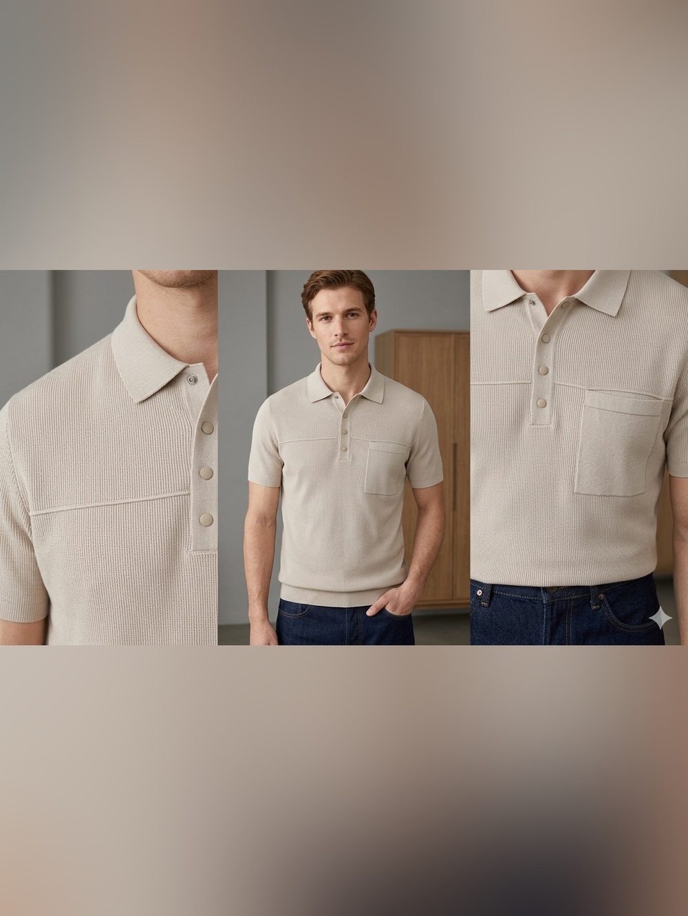 ⁠Vtg Expressions Mens M Ribbed Knit Polo Shirt Beige Short Sleeve 80s 90s⁠ Indie